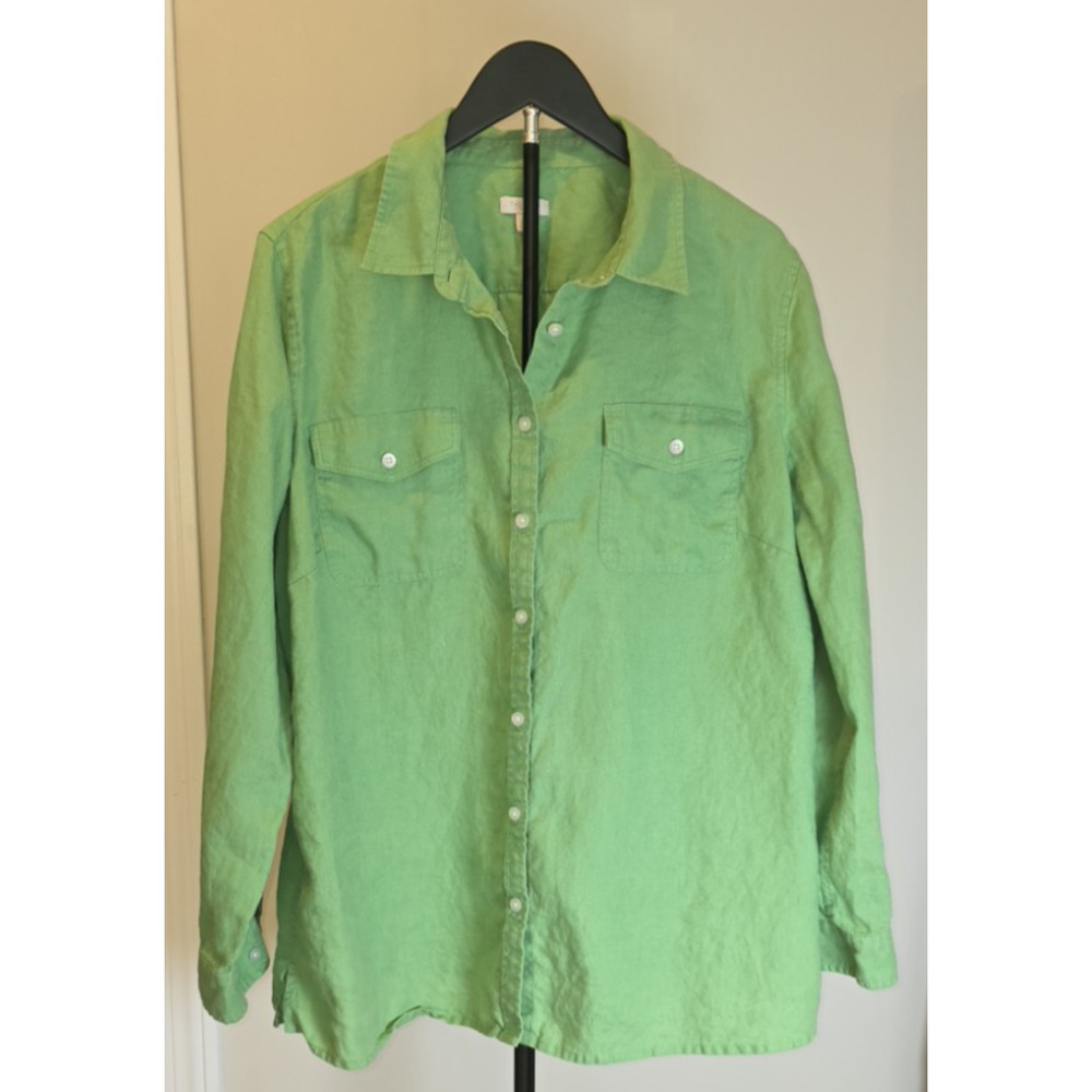 Talbots Linen Button Up Shirt Green Roll Tab Long Sleeve Womens Plus 2X